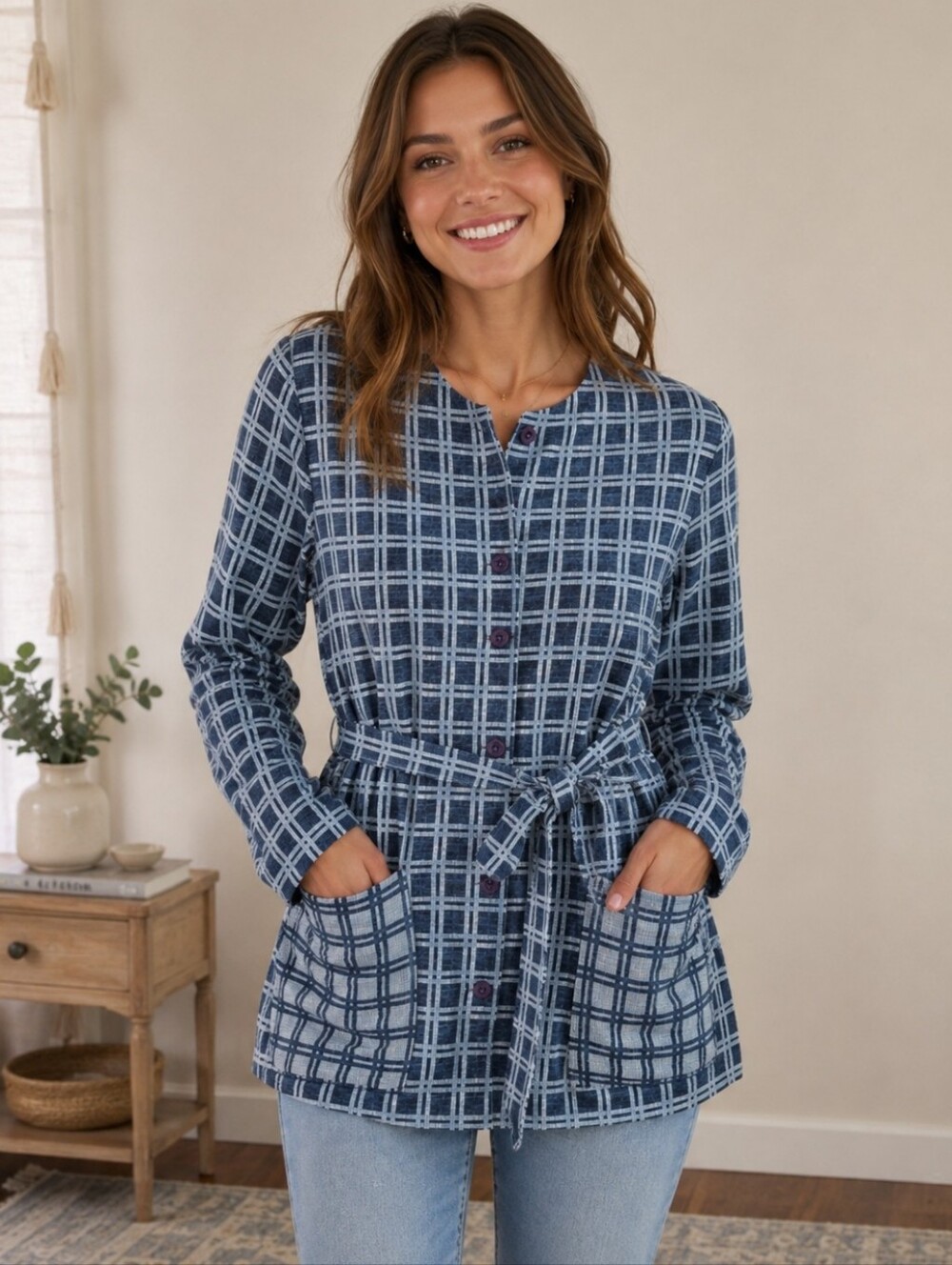 Ace & Jig Blue Plaid Keenan Cardi Belted Button Front Cotton Cardigan